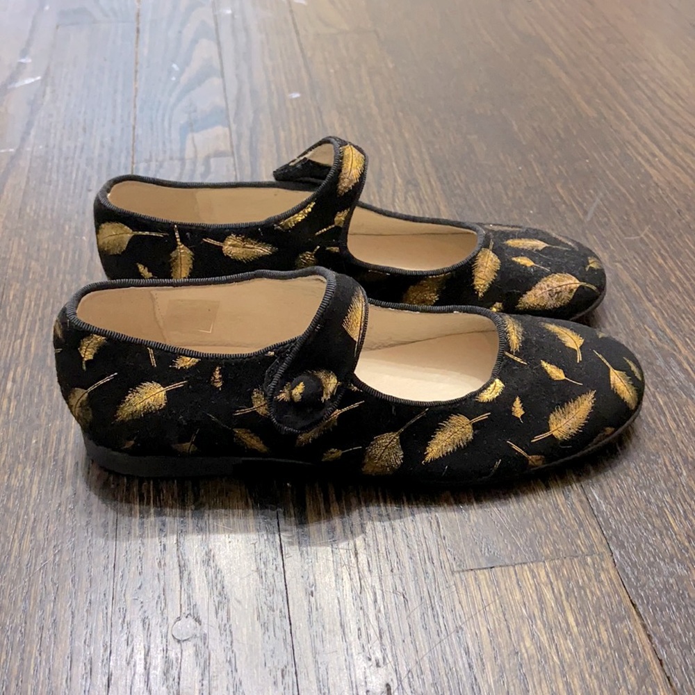 Brand new! Kids black and gold feathered Mary Janes